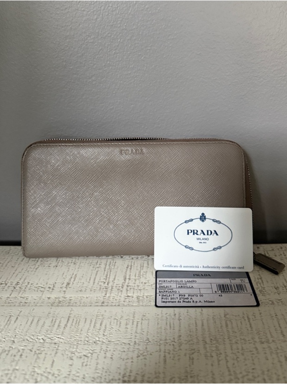 Prada Saffiano Leather Zip Wallet in Taupe